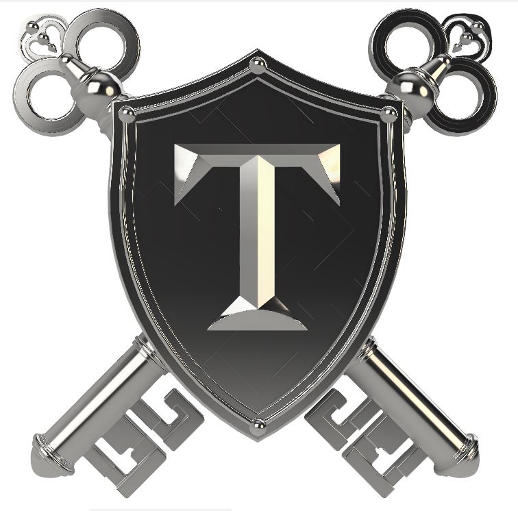 „Schwarz-weißes Logo von Schlüsseldienst Thompson Security & Service. Über einem stilisierten schwarzen Schlüssel steht Schlüsseldienst Thompson, darunter Security & Service. Darunter folgen Stichpunkte: Schlüsseldienst, 24/7 Nottüröffnung, Schlüsselverwahrung und mehr.“
